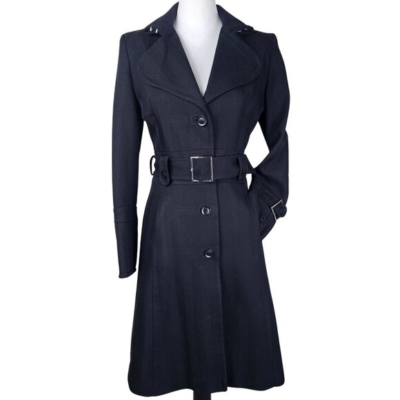 Karen Millen Black Trench Coat Wool US 4 Belted Designer Tailored Quiet Luxury - Picture 1 of 13